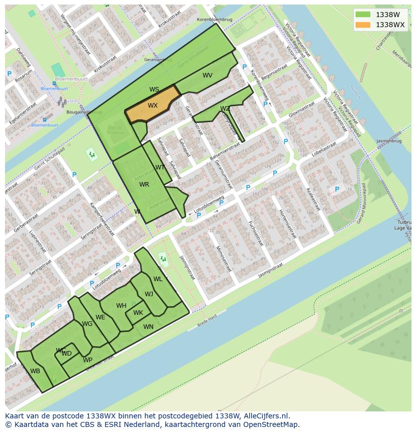 Afbeelding van het postcodegebied 1338 WX op de kaart.