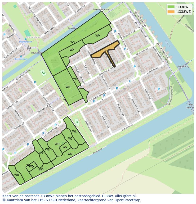 Afbeelding van het postcodegebied 1338 WZ op de kaart.