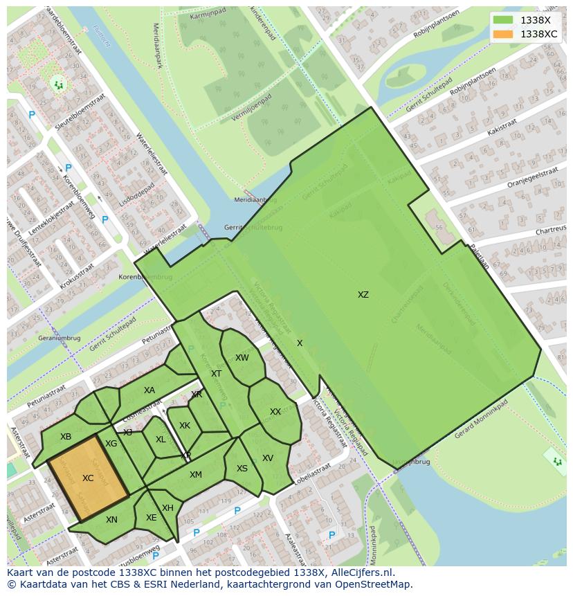 Afbeelding van het postcodegebied 1338 XC op de kaart.