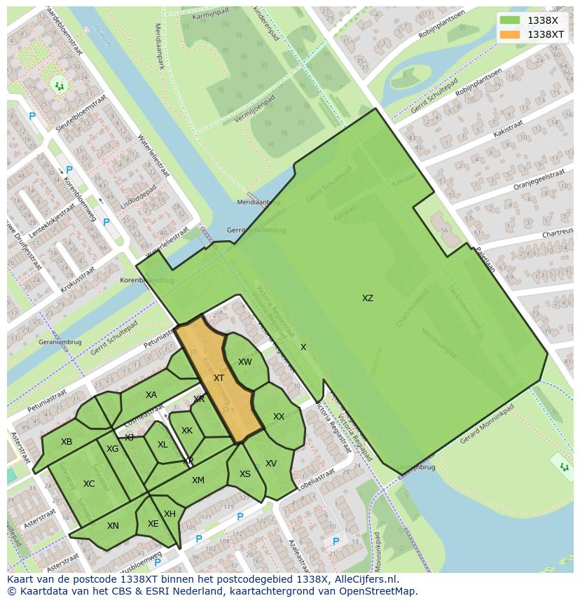 Afbeelding van het postcodegebied 1338 XT op de kaart.