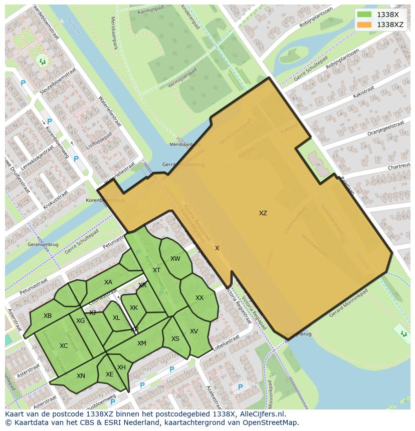 Afbeelding van het postcodegebied 1338 XZ op de kaart.