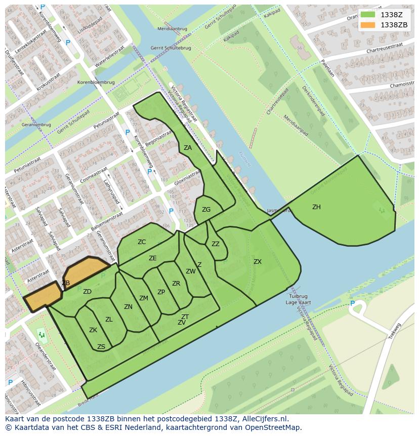 Afbeelding van het postcodegebied 1338 ZB op de kaart.