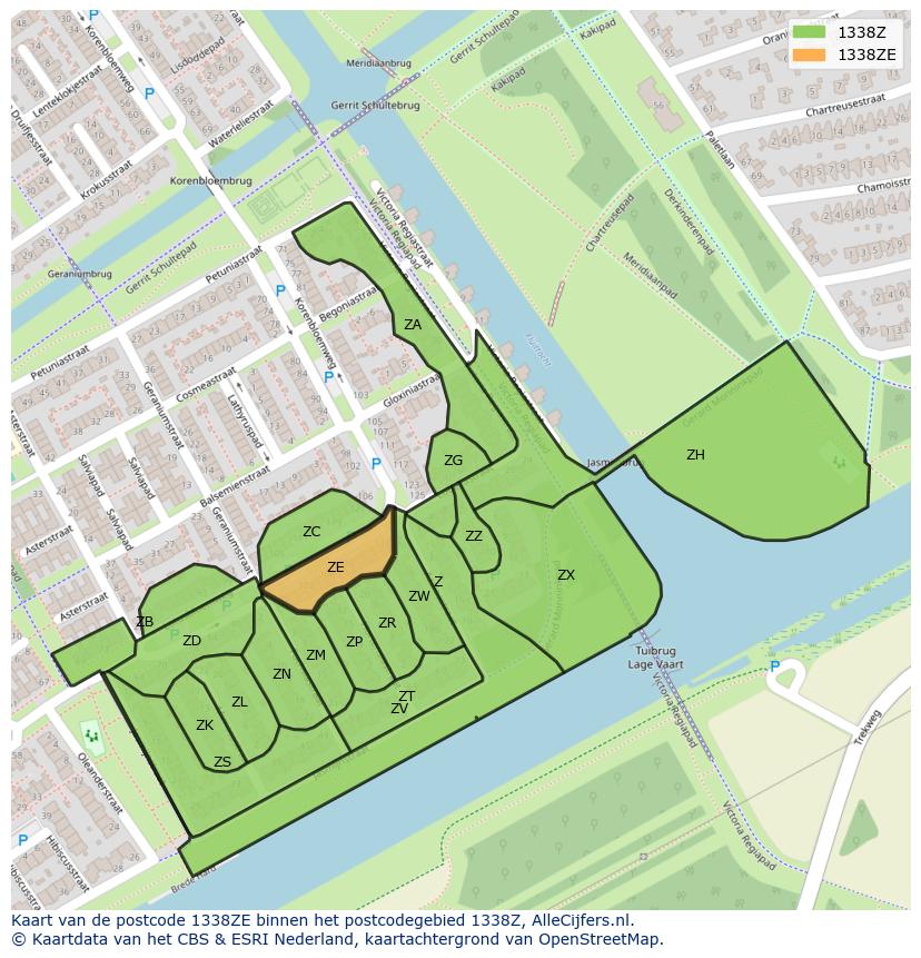 Afbeelding van het postcodegebied 1338 ZE op de kaart.