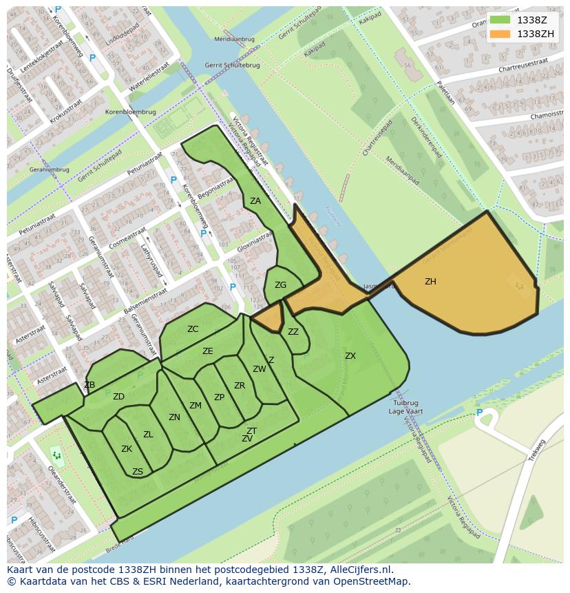 Afbeelding van het postcodegebied 1338 ZH op de kaart.
