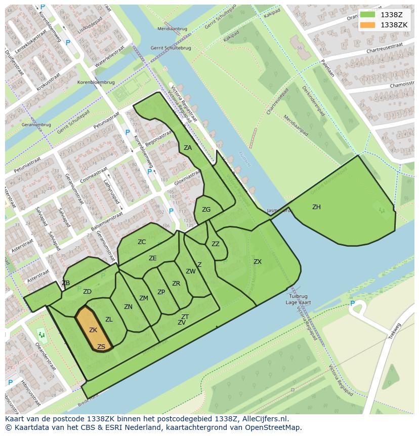 Afbeelding van het postcodegebied 1338 ZK op de kaart.