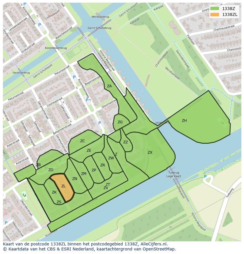 Afbeelding van het postcodegebied 1338 ZL op de kaart.
