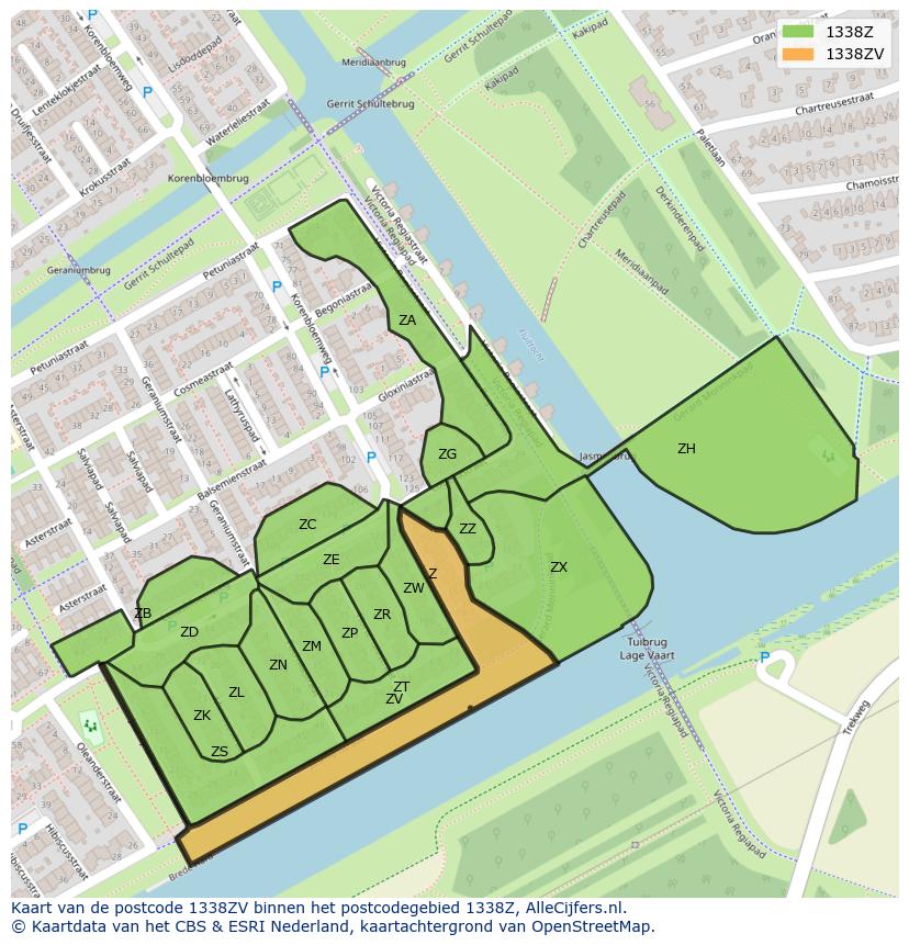 Afbeelding van het postcodegebied 1338 ZV op de kaart.
