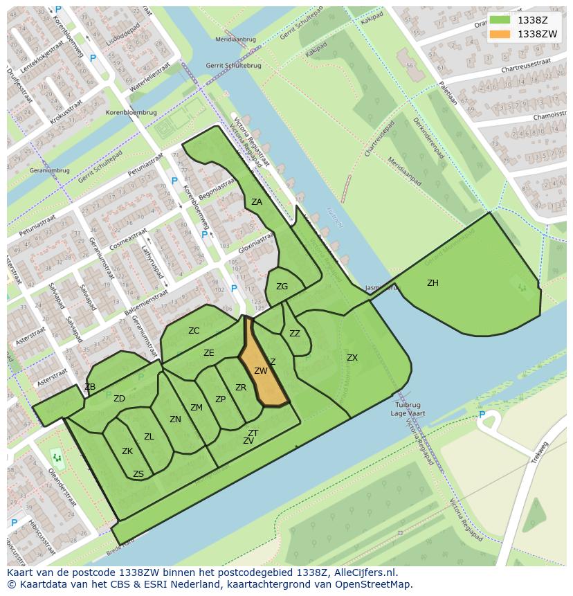 Afbeelding van het postcodegebied 1338 ZW op de kaart.