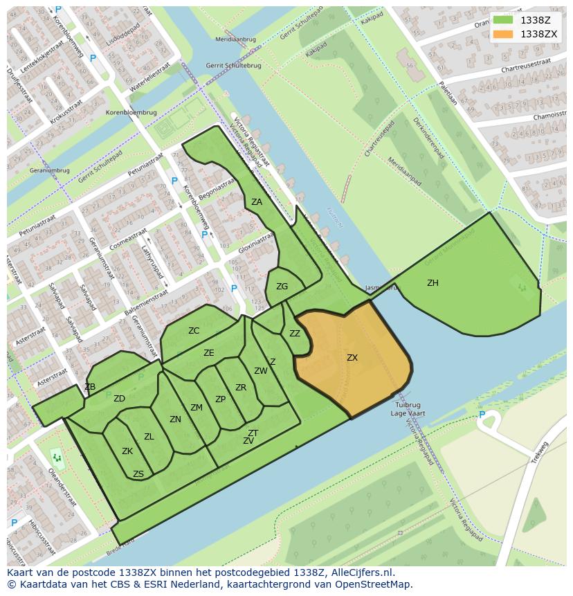 Afbeelding van het postcodegebied 1338 ZX op de kaart.