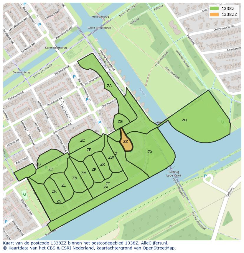 Afbeelding van het postcodegebied 1338 ZZ op de kaart.