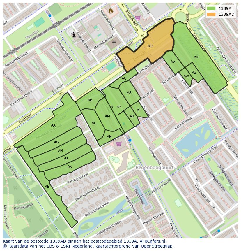 Afbeelding van het postcodegebied 1339 AD op de kaart.