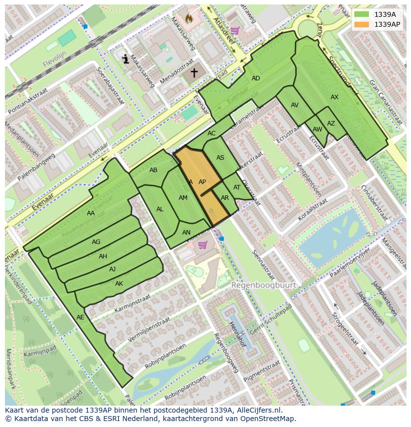 Afbeelding van het postcodegebied 1339 AP op de kaart.