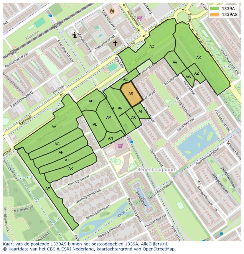 Afbeelding van het postcodegebied 1339 AS op de kaart.
