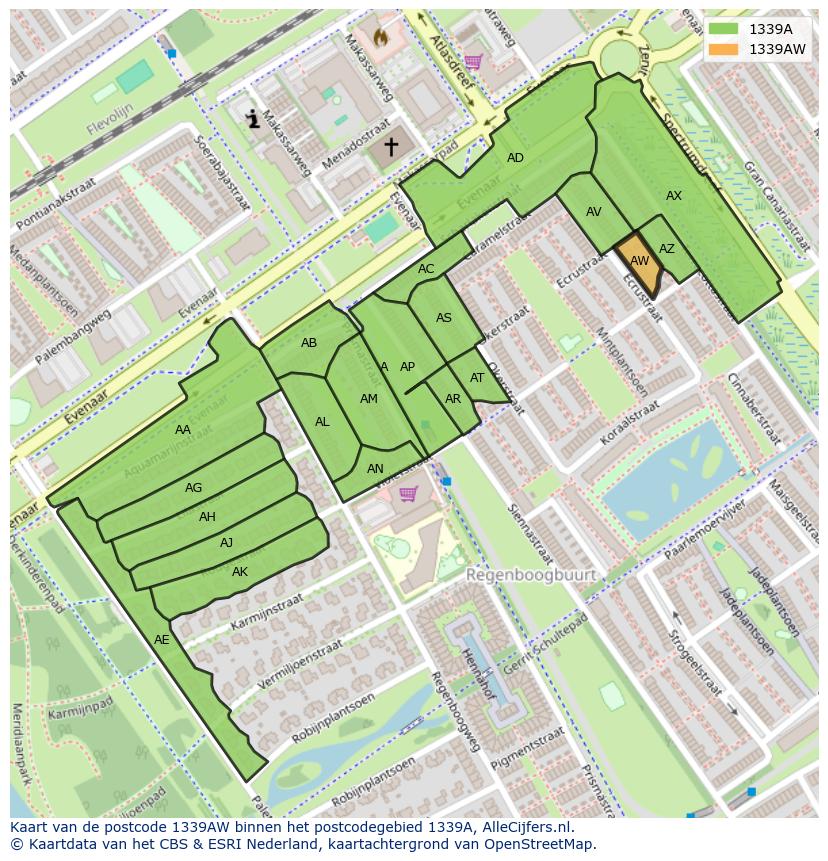 Afbeelding van het postcodegebied 1339 AW op de kaart.