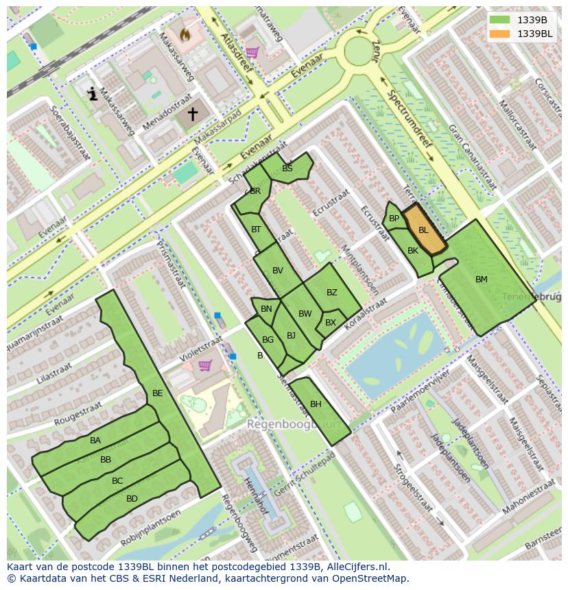 Afbeelding van het postcodegebied 1339 BL op de kaart.