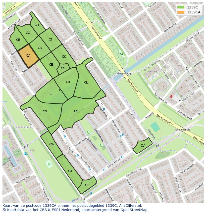 Afbeelding van het postcodegebied 1339 CA op de kaart.