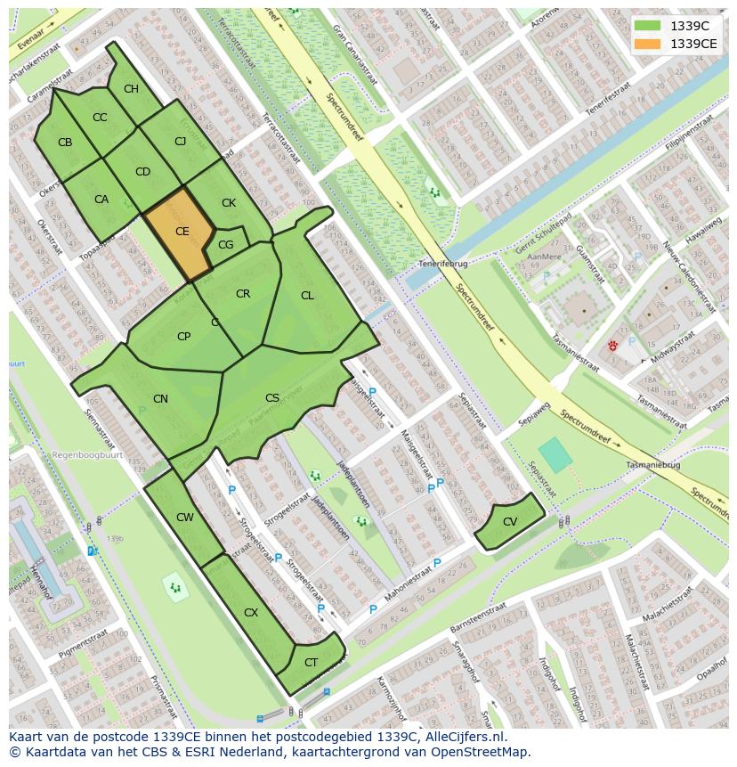 Afbeelding van het postcodegebied 1339 CE op de kaart.
