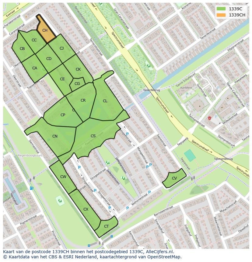 Afbeelding van het postcodegebied 1339 CH op de kaart.