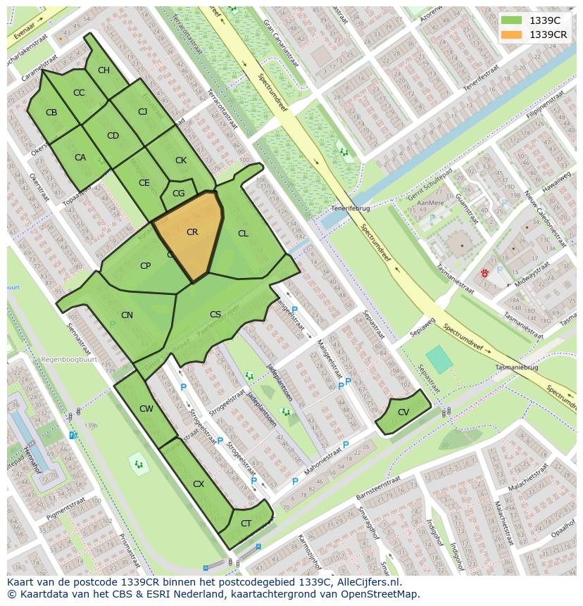 Afbeelding van het postcodegebied 1339 CR op de kaart.