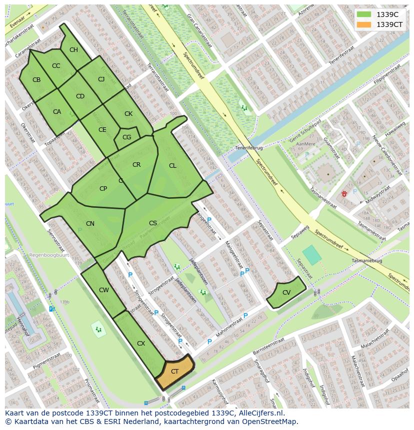 Afbeelding van het postcodegebied 1339 CT op de kaart.