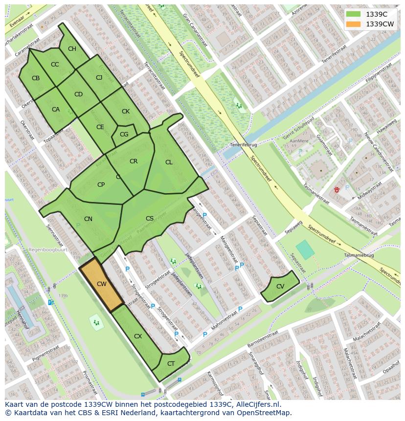 Afbeelding van het postcodegebied 1339 CW op de kaart.