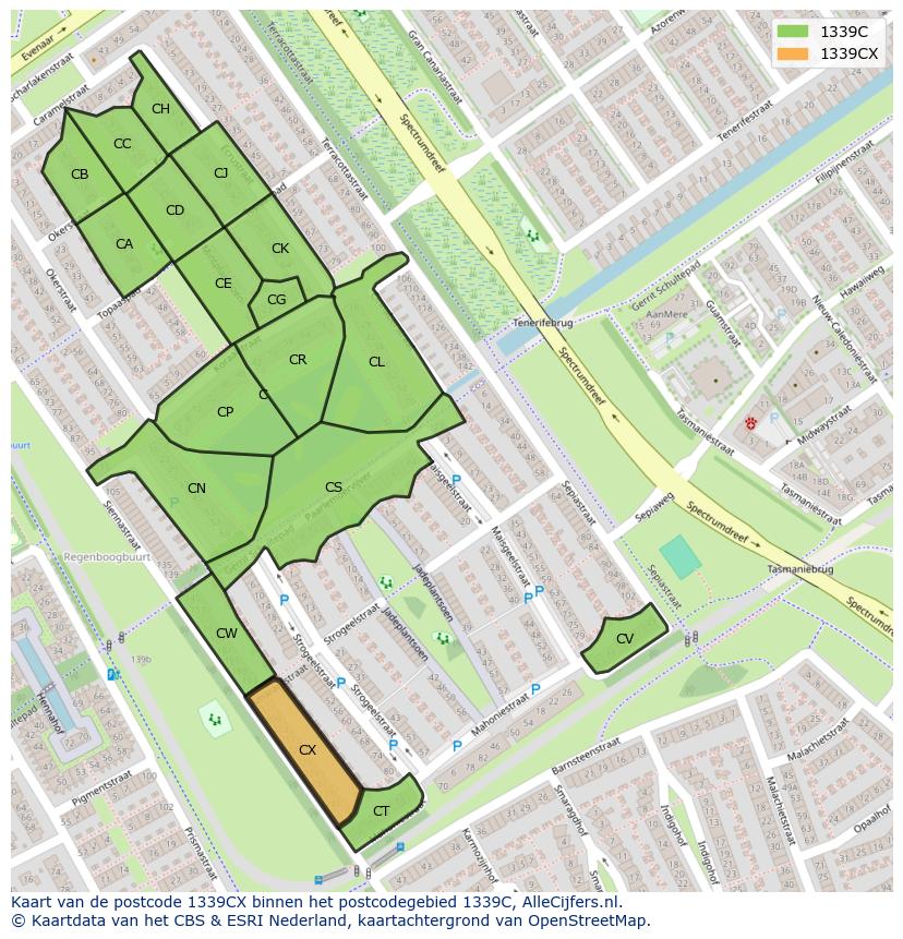 Afbeelding van het postcodegebied 1339 CX op de kaart.