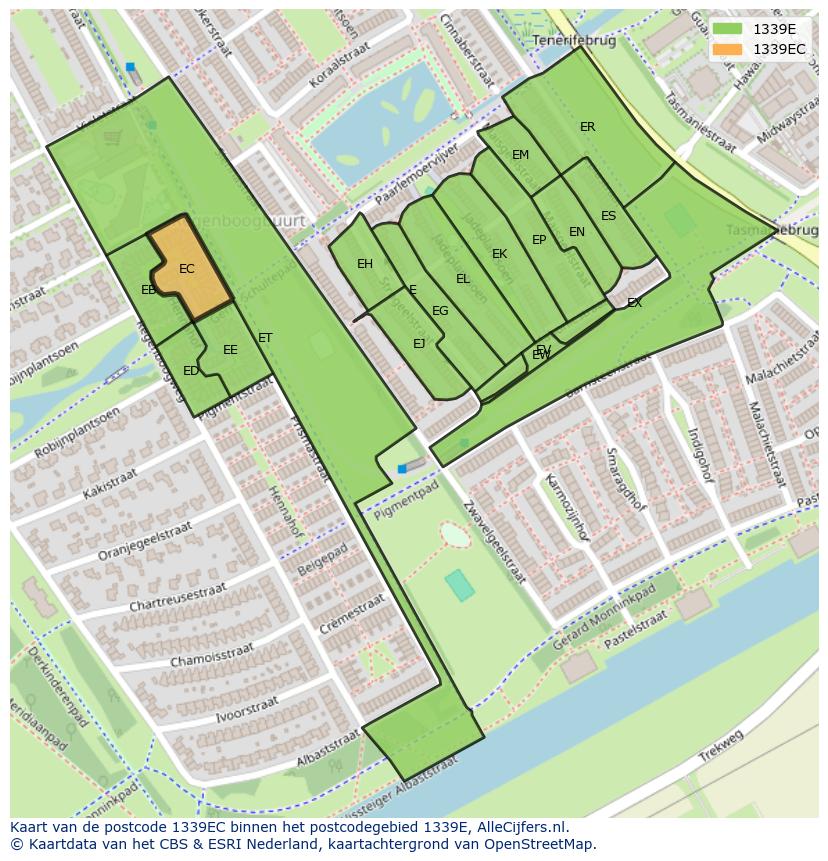 Afbeelding van het postcodegebied 1339 EC op de kaart.