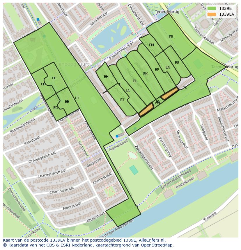 Afbeelding van het postcodegebied 1339 EV op de kaart.