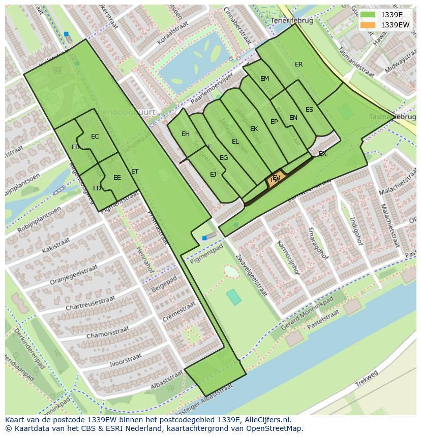 Afbeelding van het postcodegebied 1339 EW op de kaart.