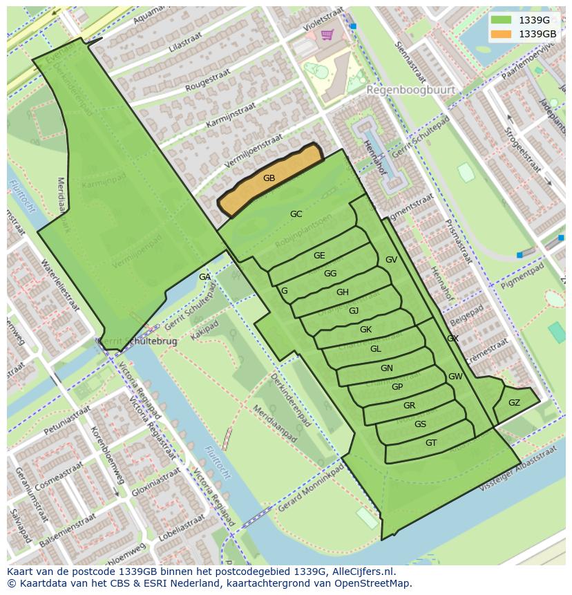 Afbeelding van het postcodegebied 1339 GB op de kaart.