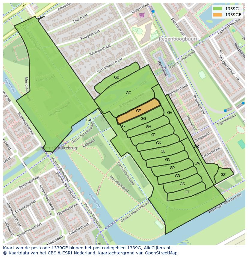 Afbeelding van het postcodegebied 1339 GE op de kaart.