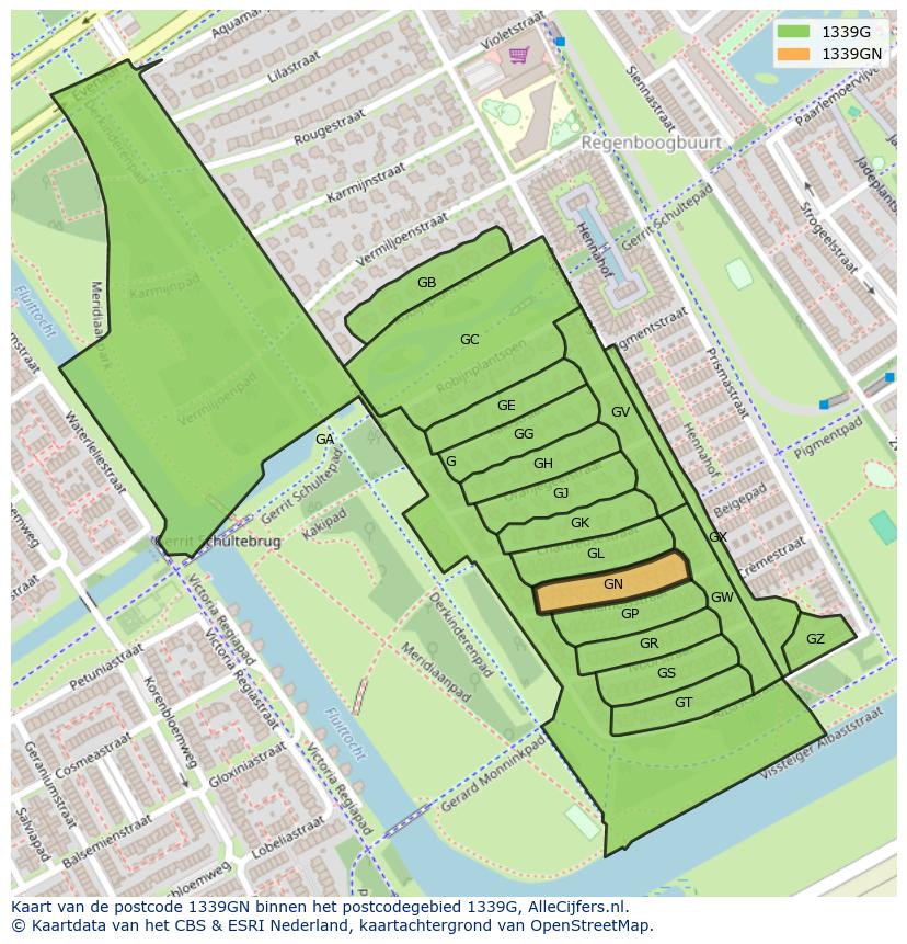Afbeelding van het postcodegebied 1339 GN op de kaart.