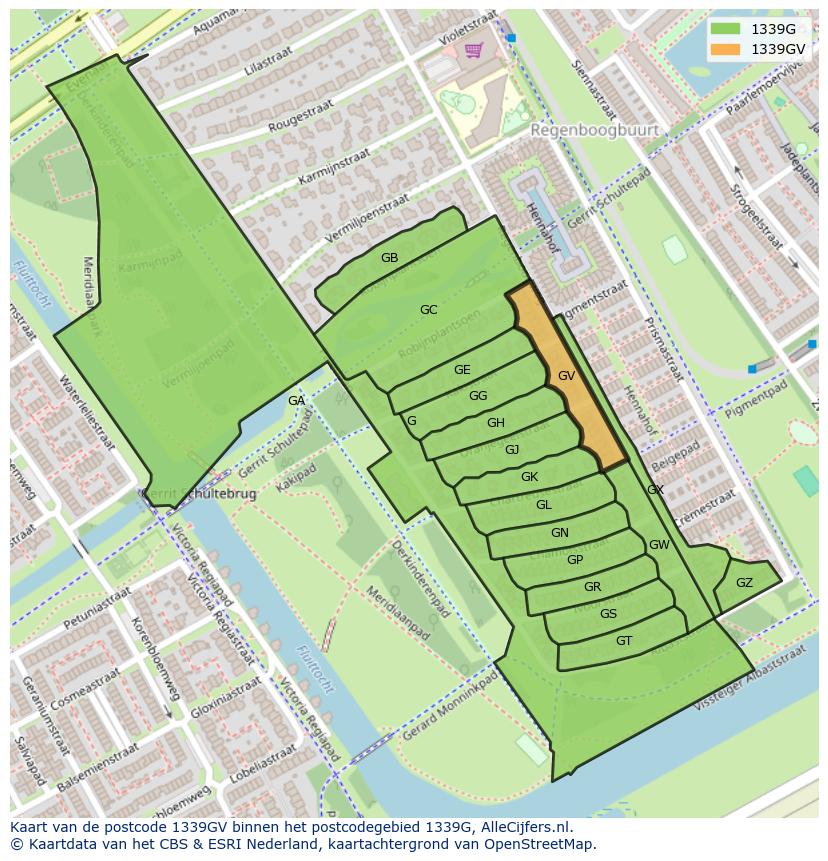 Afbeelding van het postcodegebied 1339 GV op de kaart.