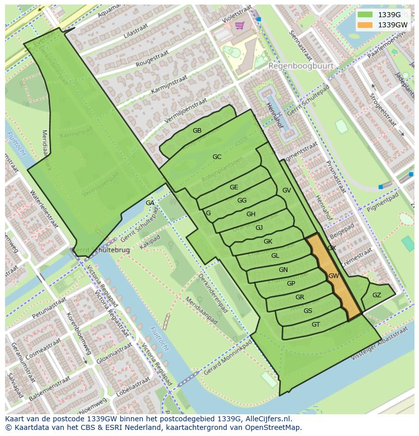 Afbeelding van het postcodegebied 1339 GW op de kaart.