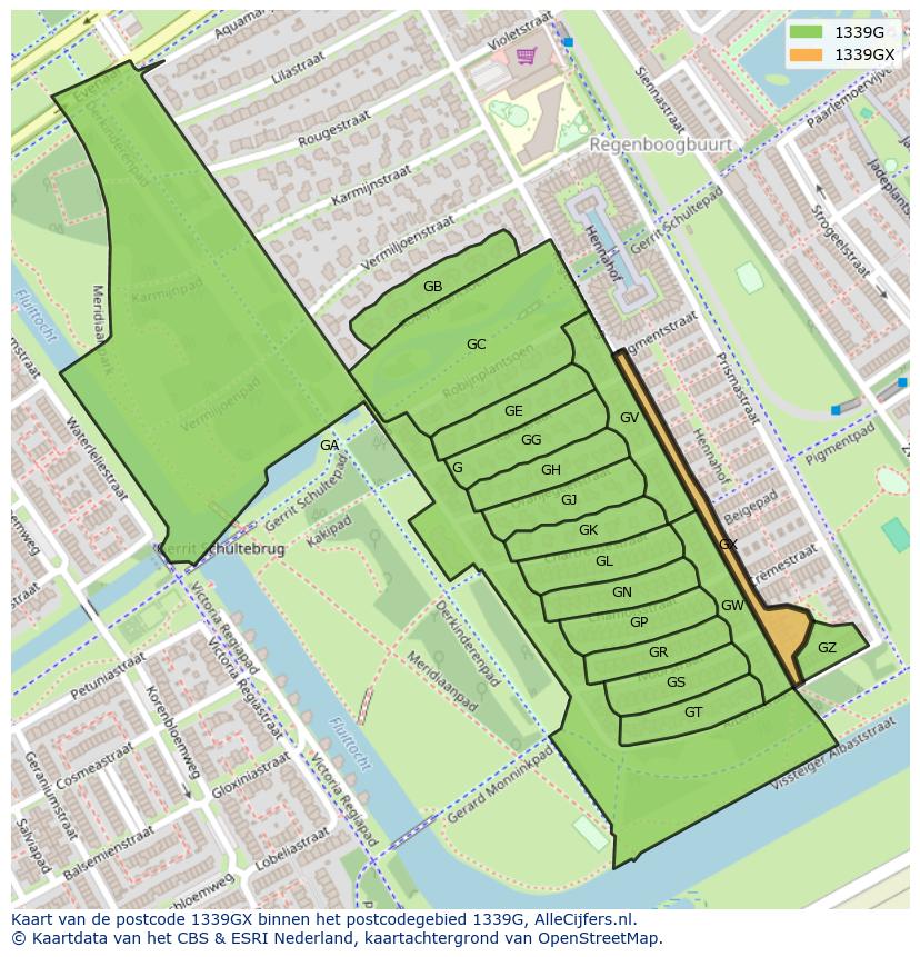 Afbeelding van het postcodegebied 1339 GX op de kaart.