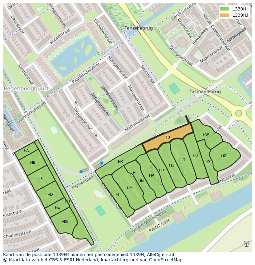 Afbeelding van het postcodegebied 1339 HJ op de kaart.