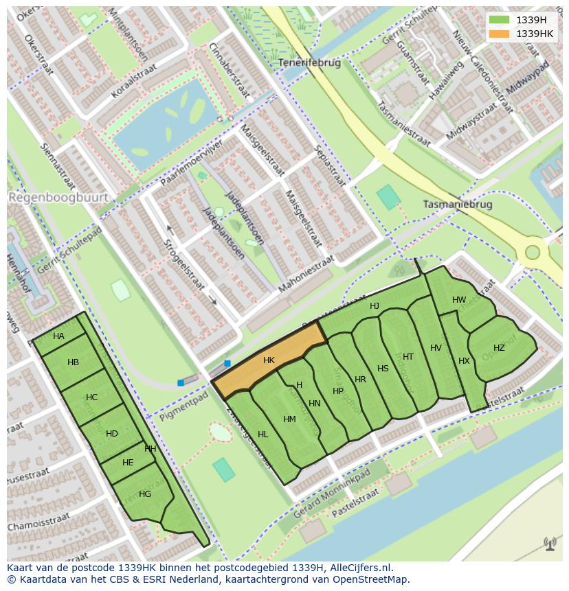 Afbeelding van het postcodegebied 1339 HK op de kaart.
