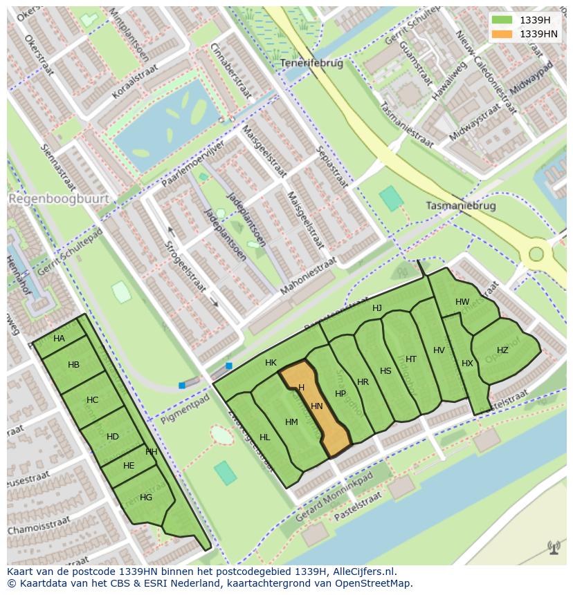 Afbeelding van het postcodegebied 1339 HN op de kaart.