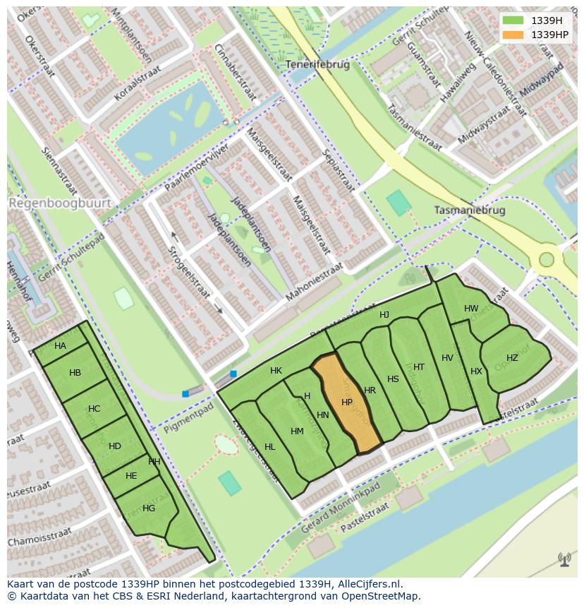 Afbeelding van het postcodegebied 1339 HP op de kaart.