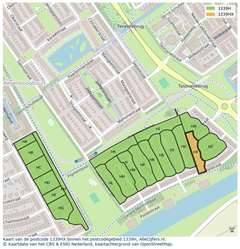 Afbeelding van het postcodegebied 1339 HX op de kaart.