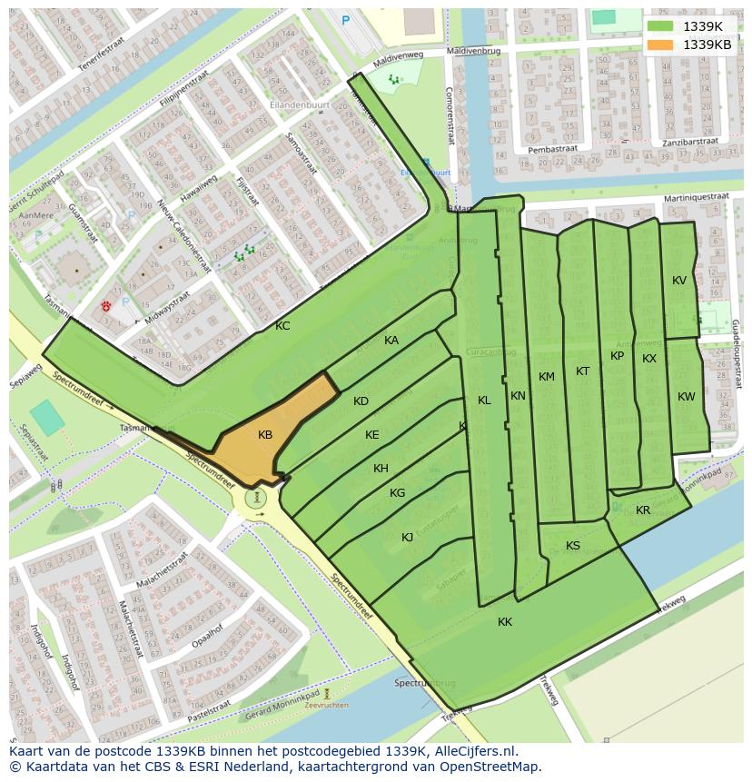 Afbeelding van het postcodegebied 1339 KB op de kaart.