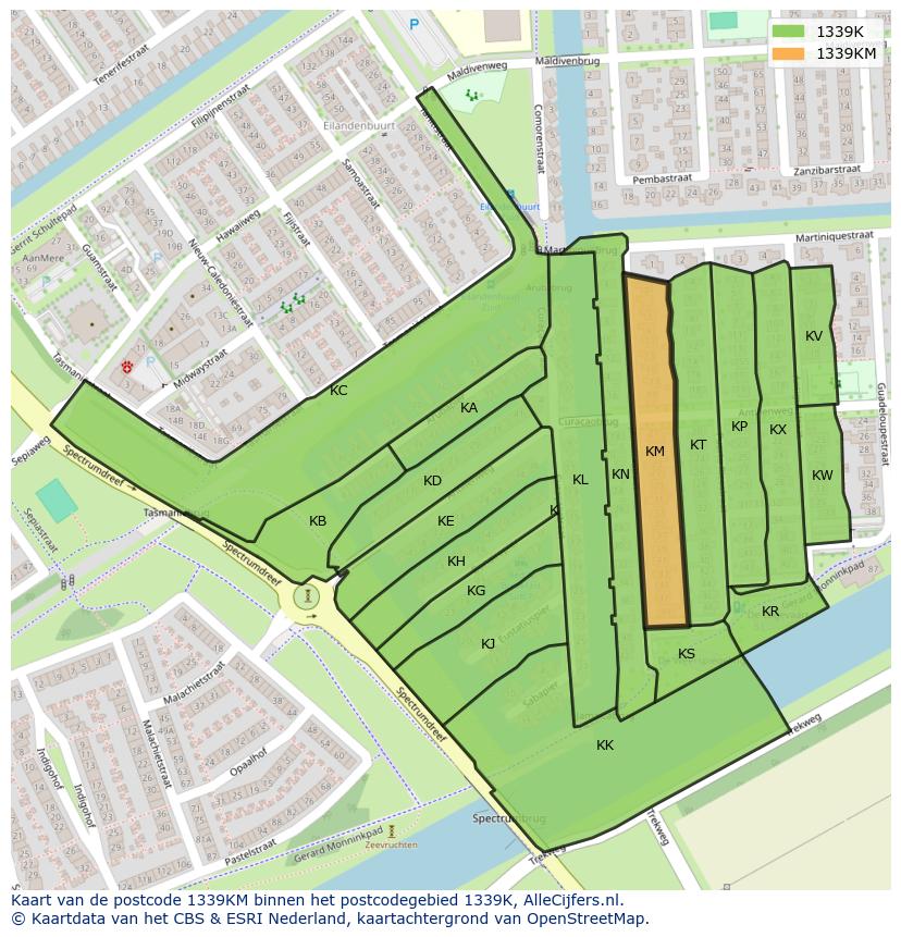 Afbeelding van het postcodegebied 1339 KM op de kaart.