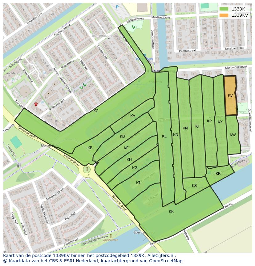 Afbeelding van het postcodegebied 1339 KV op de kaart.