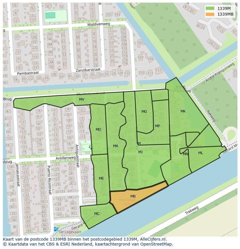 Afbeelding van het postcodegebied 1339 MB op de kaart.