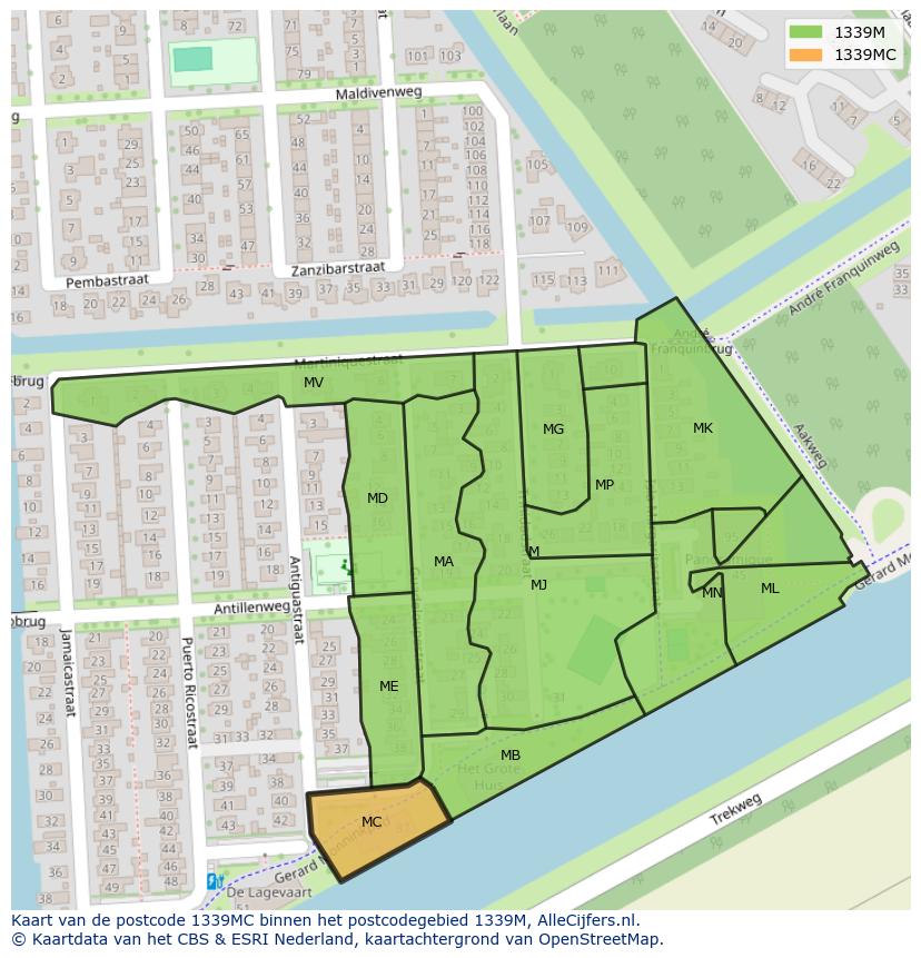 Afbeelding van het postcodegebied 1339 MC op de kaart.