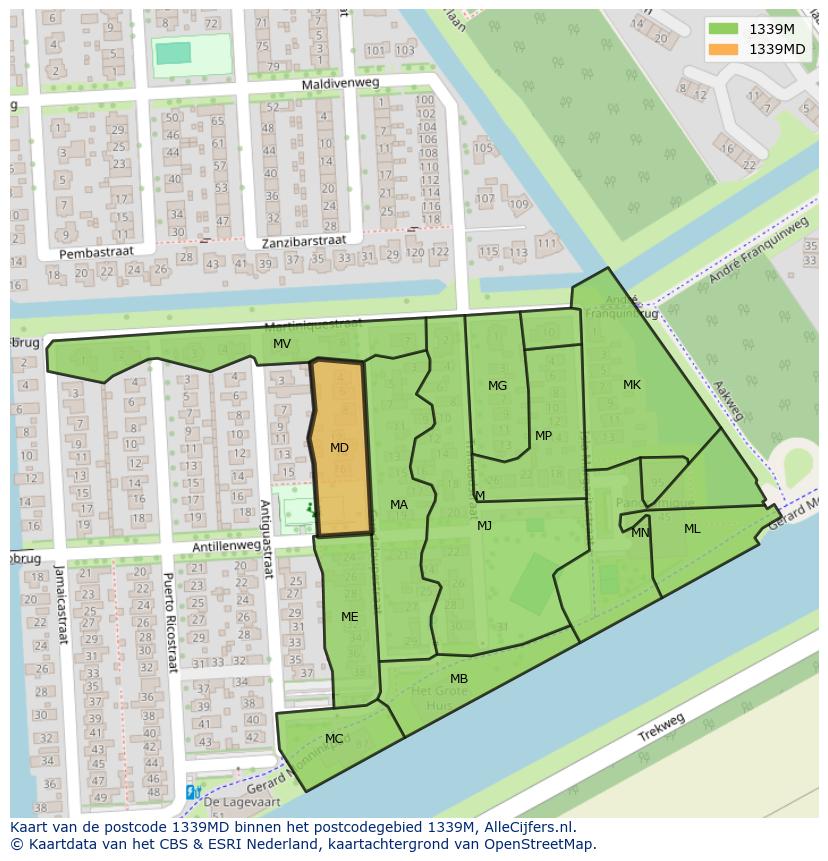 Afbeelding van het postcodegebied 1339 MD op de kaart.