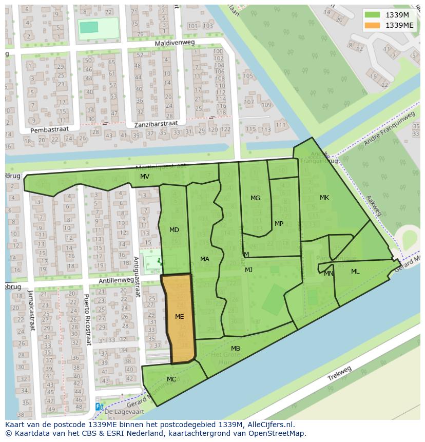 Afbeelding van het postcodegebied 1339 ME op de kaart.