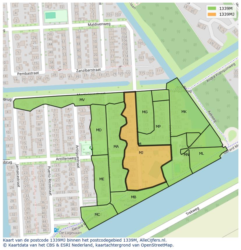 Afbeelding van het postcodegebied 1339 MJ op de kaart.