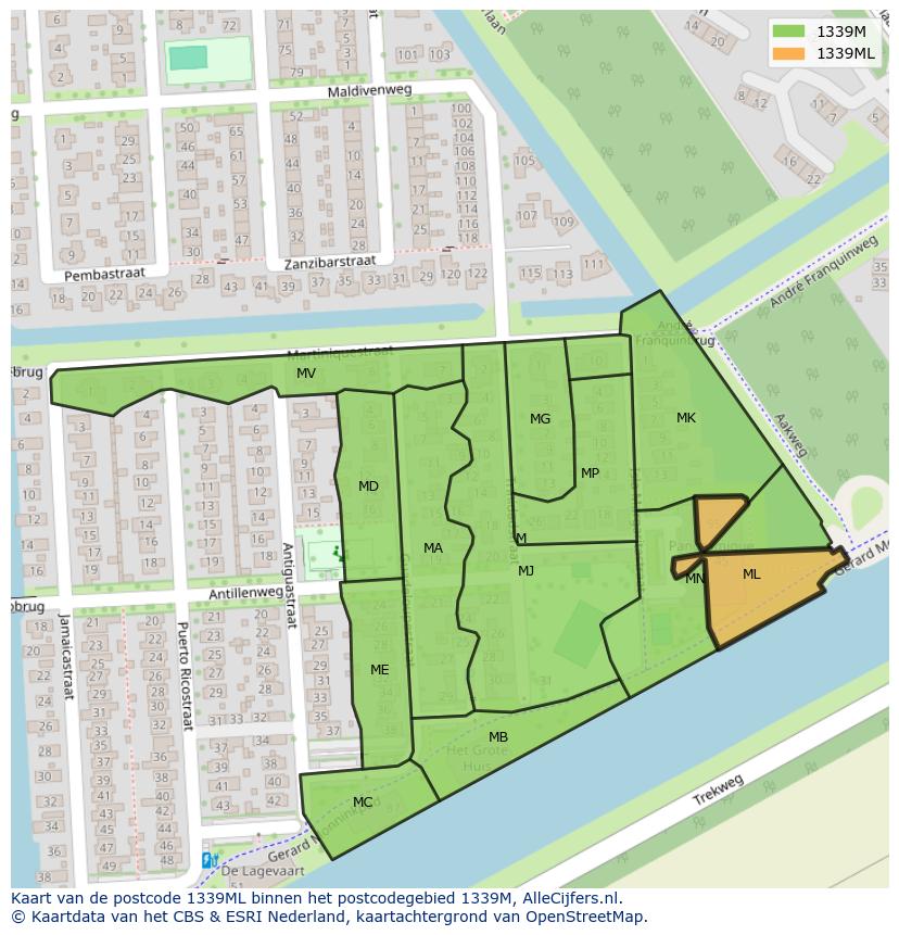 Afbeelding van het postcodegebied 1339 ML op de kaart.