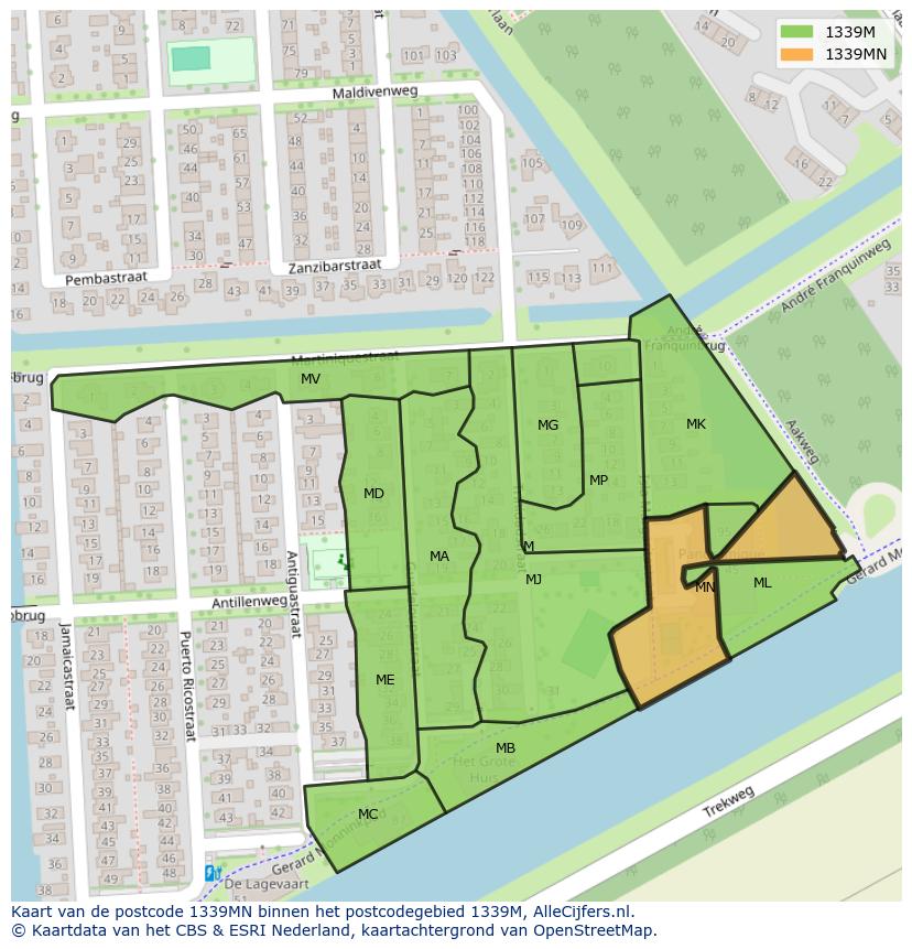 Afbeelding van het postcodegebied 1339 MN op de kaart.